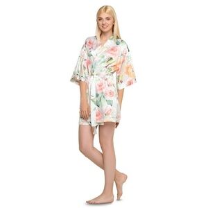 Floral Kimono  White Carmen Floral Satin Kimono Short Robe NWT